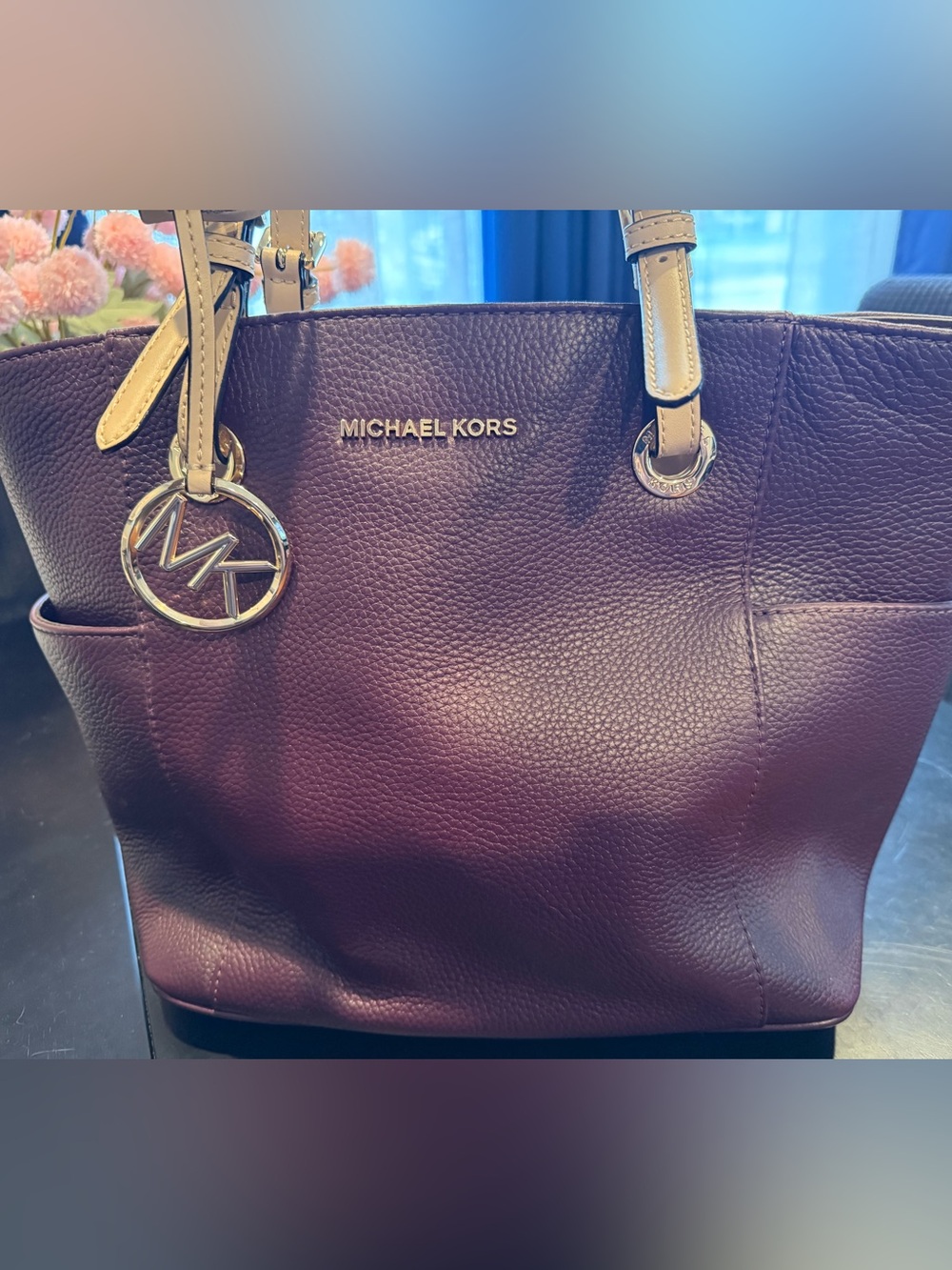Michael Kors Leather Tote in Deep Plum with Cream Handles
